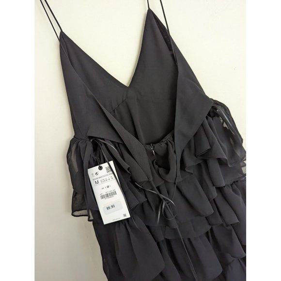 ZARA WOMAN STRAPPY RUFFLED MIDI LONG TIER DRESS BLACK  REF: 8777/830 S,M,L - Picture 9 of 12